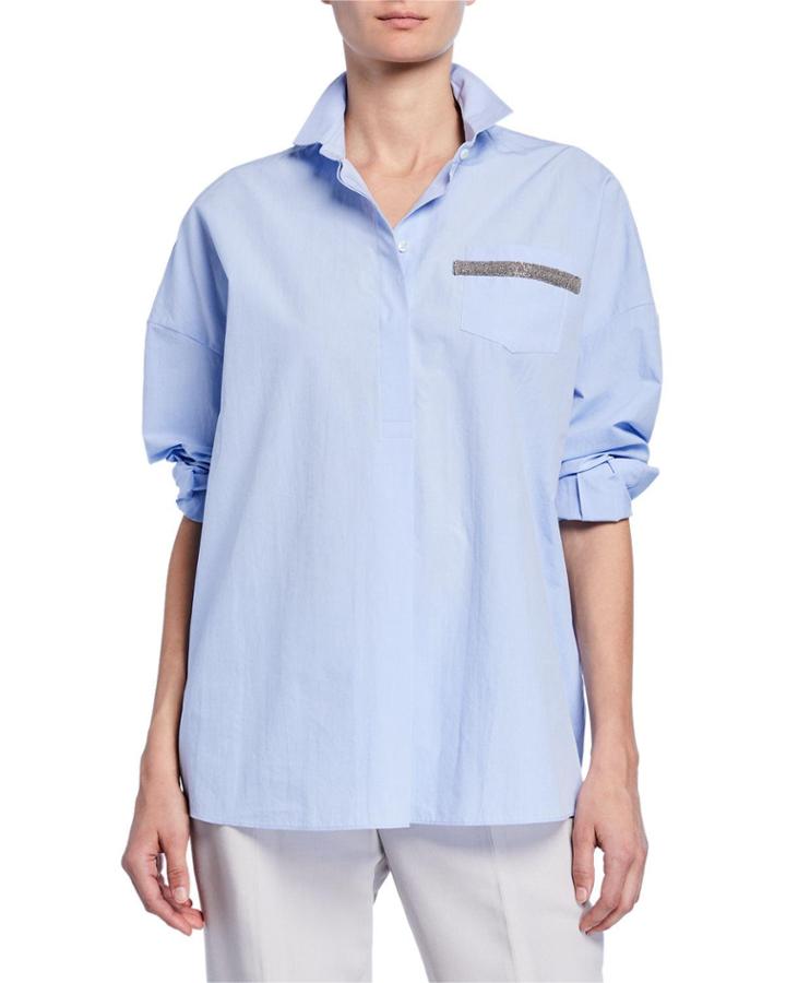 Button-front Roll-tab Shirt W. Accent Trim Detail