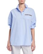 Button-front Roll-tab Shirt W. Accent Trim Detail