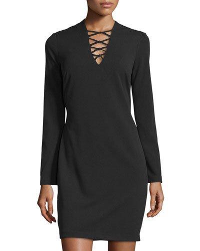 Long-sleeve Lace-up Detail Dress, Black