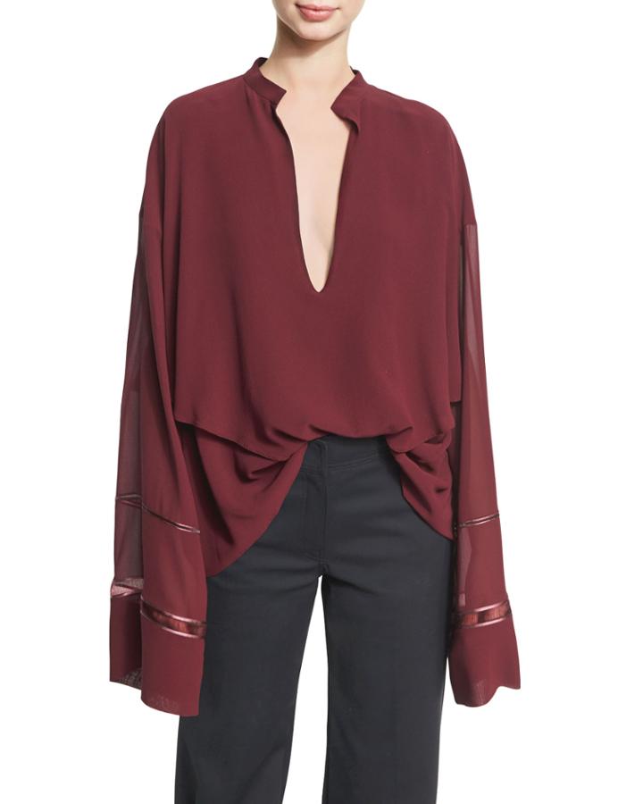 Lace-inset Plunging V-neck Blouse, Wine