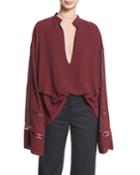 Lace-inset Plunging V-neck Blouse, Wine