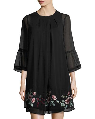 Sheer Bell-sleeve Dress With Embroidered Hem