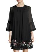 Sheer Bell-sleeve Dress With Embroidered Hem