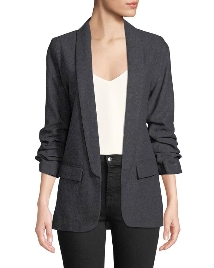 Ruched-sleeve Open-front Blazer