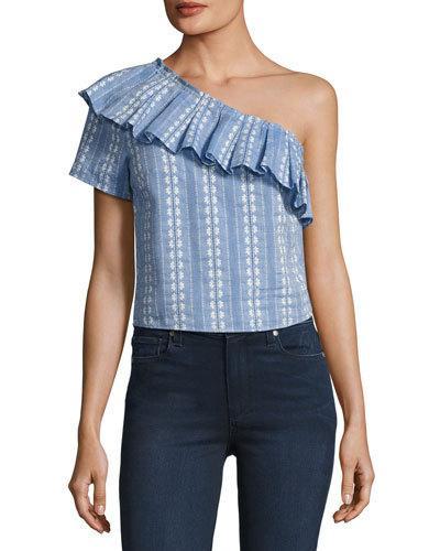 One-shoulder Ruffle Chambray Top, Blue