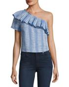 One-shoulder Ruffle Chambray Top, Blue