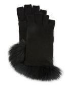 Fingerless Knit Gloves With Fox Fur Trim, Black
