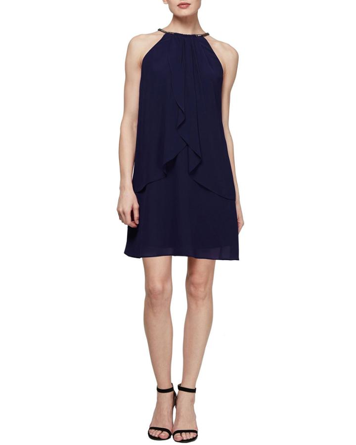 Beaded Cord Necklace Halter Chiffon Dress
