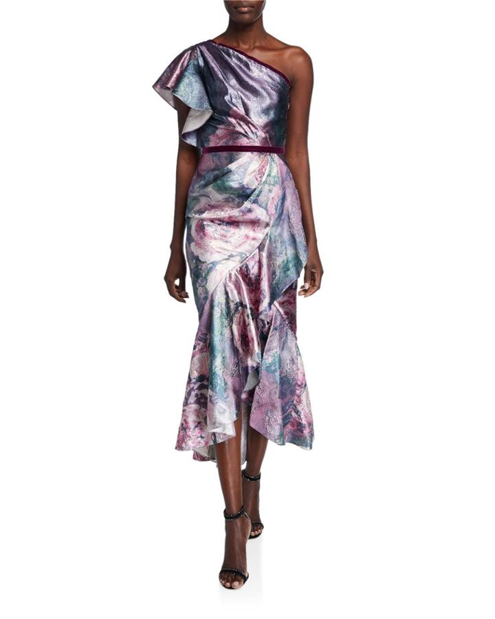 Metallic Jacquard One-shoulder Tea Length Dress W/ Ruffle Detailing