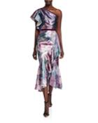 Metallic Jacquard One-shoulder Tea Length Dress W/ Ruffle Detailing