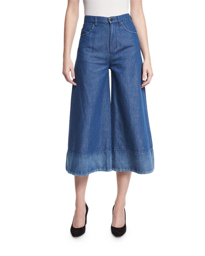 Denim Wide-leg Cropped Pants, Blue