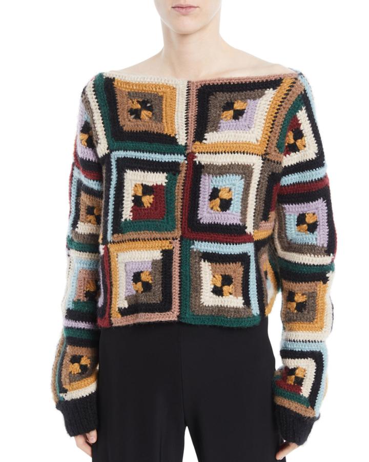 Bateau-neck Long-sleeve Square-quilt Pullover