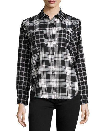 Check-print Button-up Blouse, Black/white