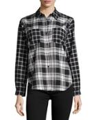 Check-print Button-up Blouse, Black/white