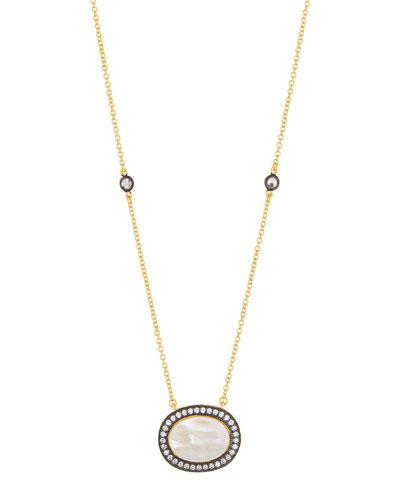 Oval Pearlescent Pendant Necklace W/ Cz Crystals