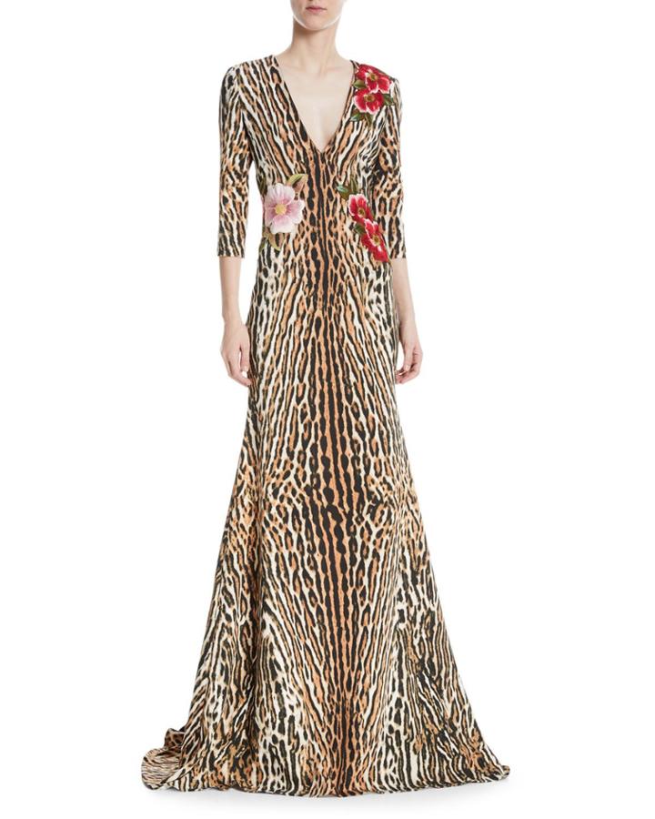 Leopard & Floral V-neck Trumpet Gown