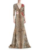 Leopard & Floral V-neck Trumpet Gown