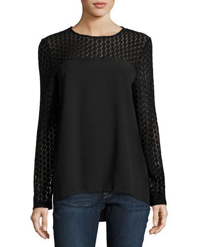 Long-sleeve Lace-yoke Crepe Blouse