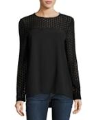 Long-sleeve Lace-yoke Crepe Blouse