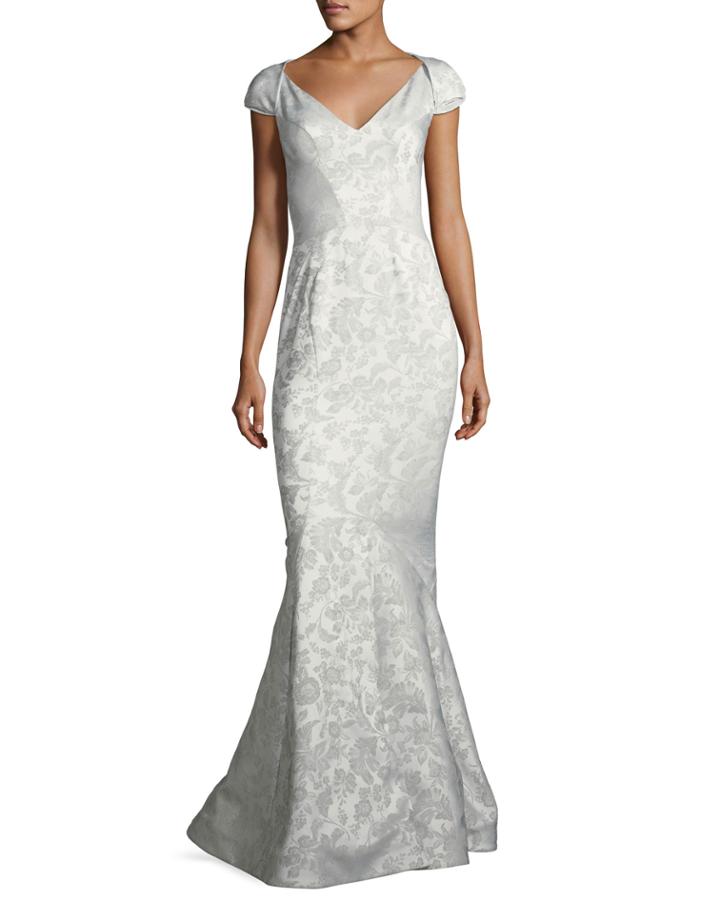 Party Jacquard Sweetheart-neck Cap-sleeve Evening Gown