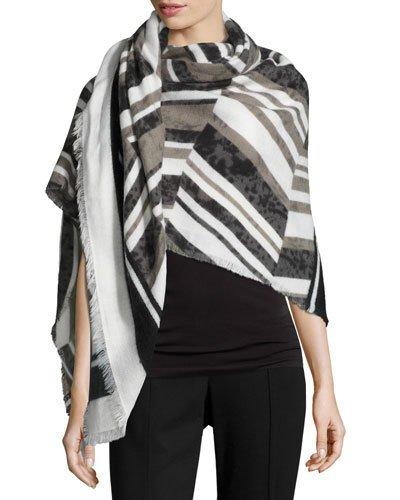 Striped Fringe-trim Knit Wrap, Black/multi