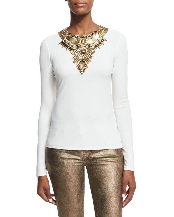 Abner Beaded Long-sleeve Top, Ivory