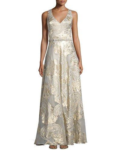 Damask Sleeveless Gown, Champagne/gold