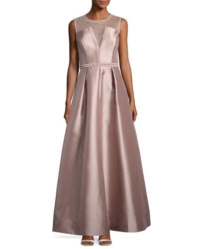 Illusion Neckline Beaded-waist Gown, Blush