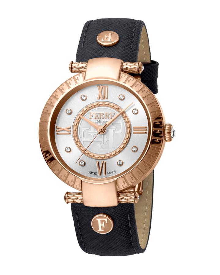 36mm Leather Watch W/ Logo Bezel, Black/rose