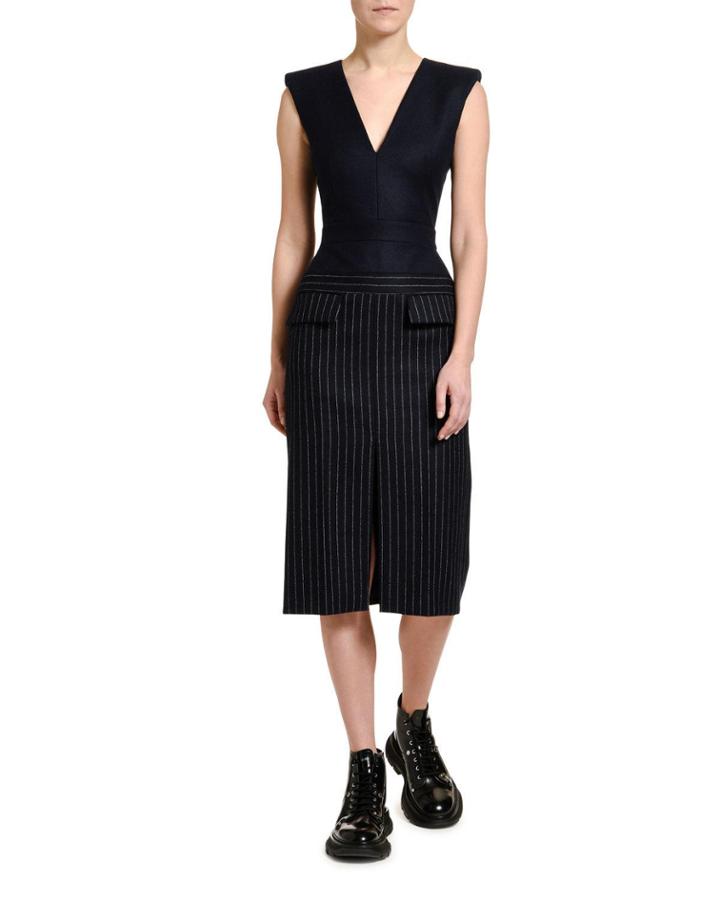 Pinstriped Flannel Skirt V-neck Dress