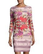 3/4-sleeve Floral-print Shift Dress, Red Pattern