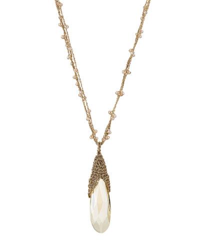 Long Simulated Crystal Macram&eacute; Pendant Necklace, Taupe