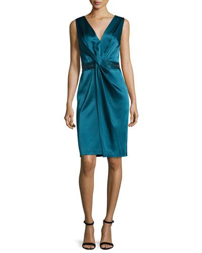 Twisted Satin V-neck Dress, Tanzanite