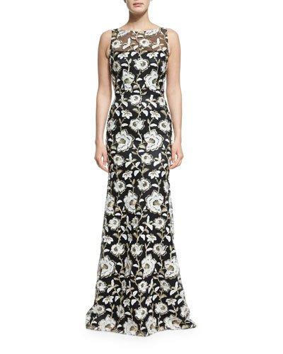 Floral Sleeveless Illusion Gown, Black/white