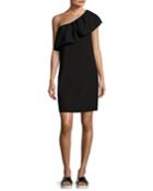 One-shoulder Ruffle Mini Dress, Black