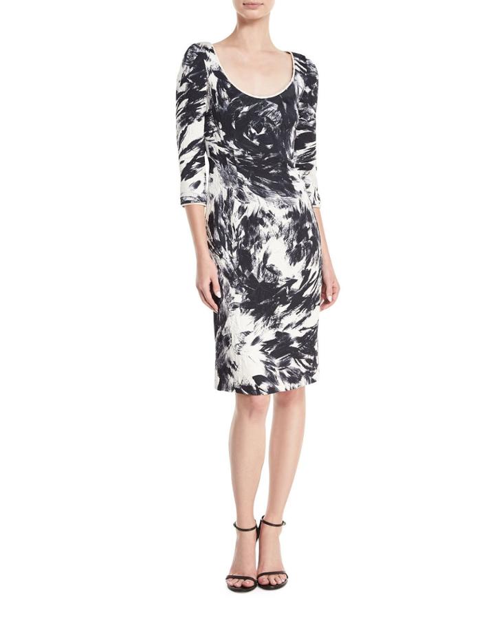 3/4-sleeves Scoop-neck Matelasse Printed Dress