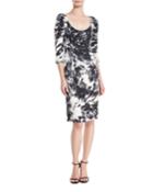 3/4-sleeves Scoop-neck Matelasse Printed Dress