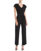 Ruffle V-neck Tie-waist Straight-leg Jersey Jumpsuit