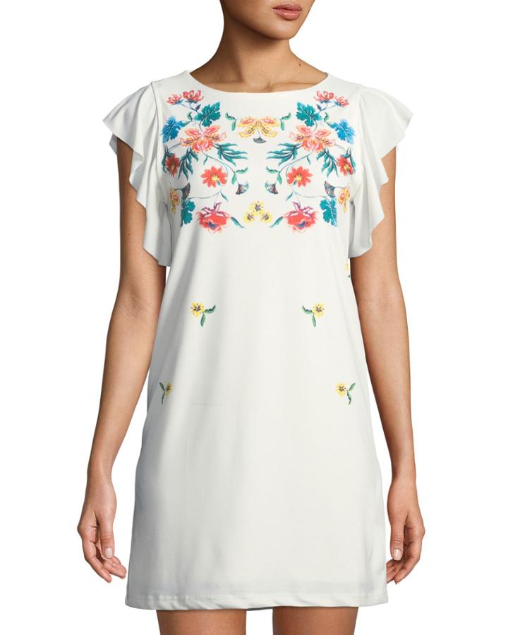 Floral-yoke Butterfly-sleeve Crepe