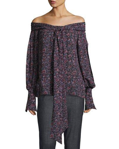Mons Long-sleeve Floral-print Off-the-shoulder Blouse, Purple