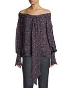 Mons Long-sleeve Floral-print Off-the-shoulder Blouse, Purple