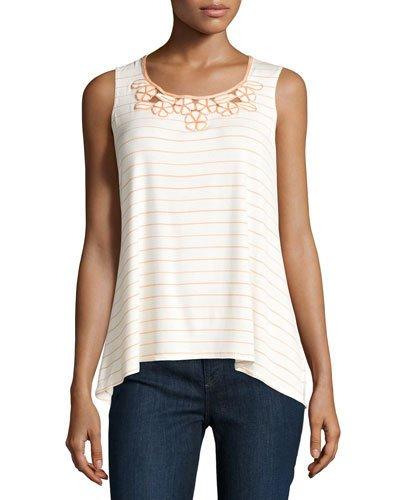 Striped Embroidered-neck Tank, Off White/peach