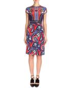 Scroll-print Silk Sheath Dress, Red/blue