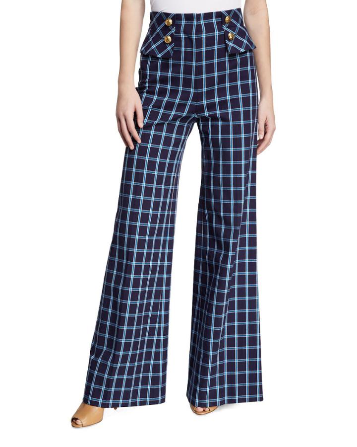 High-waisted Wide-leg Windowpane Pants
