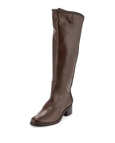 Nattie Braided Leather Knee Boot, Brown