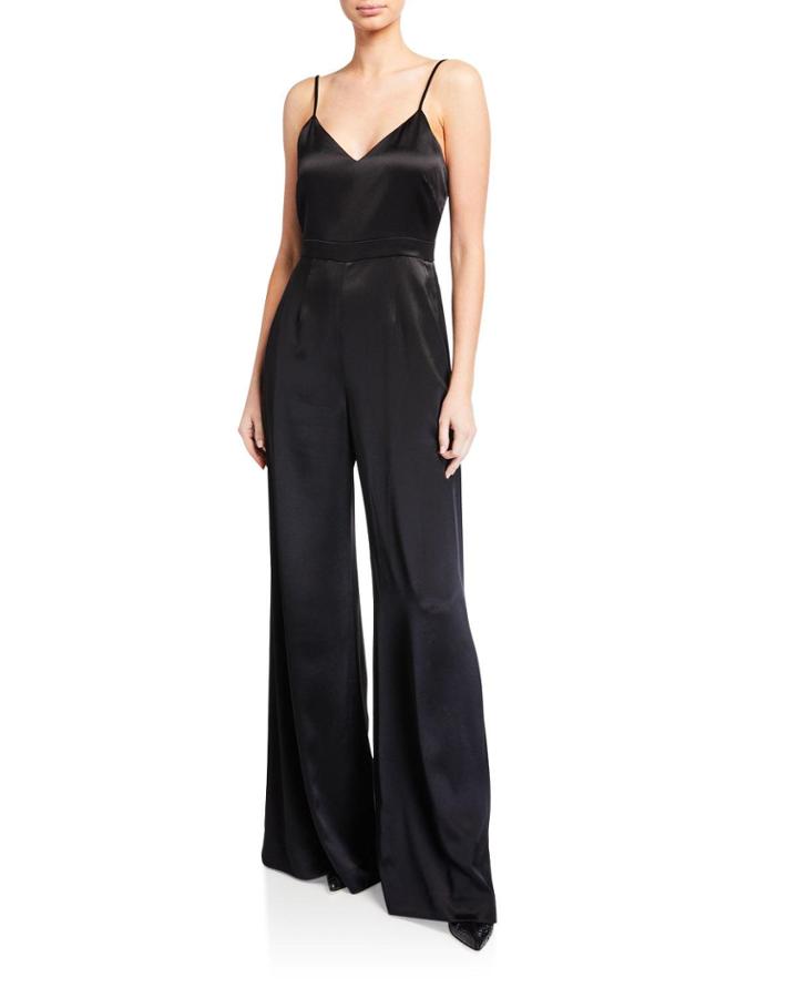 V-neck Sleeveless Wide-leg Charmeuse Jumpsuit