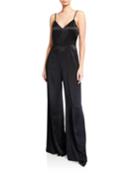 V-neck Sleeveless Wide-leg Charmeuse Jumpsuit