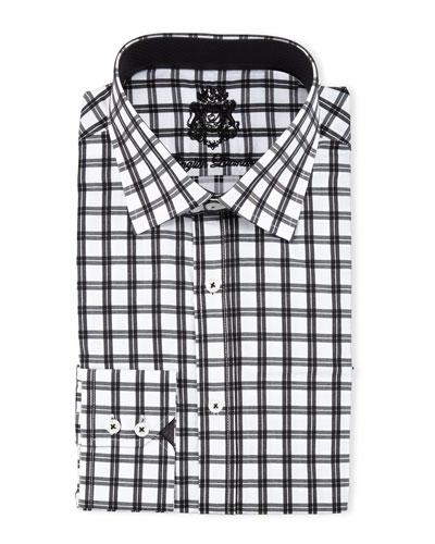 Windowpane-check Cotton Dress Shirt, Charcoal