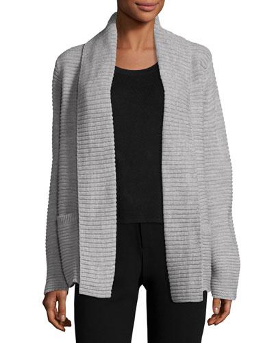 Ribbed Novelty-stitched Cardigan, Gray