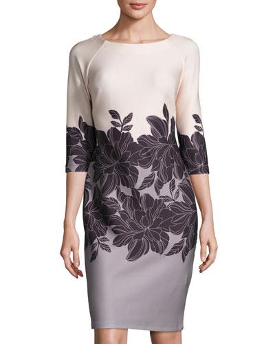 Floral-print 3/4-sleeve Scuba Sheath Dress, Taupe/black